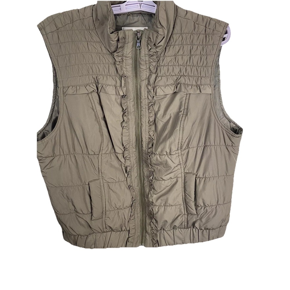 Christopher & Banks Vest Women's XL Olive Green Full Zip Ruffle Zip Up Pockets